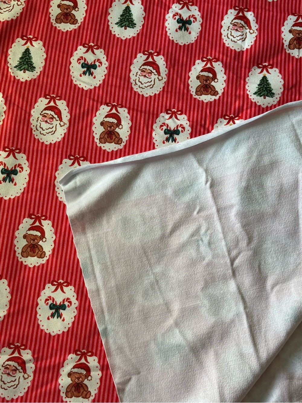 Festive Red Christmas DBP Fabric with Santa, Tree & Teddy Pattern - Picture 2 of 3